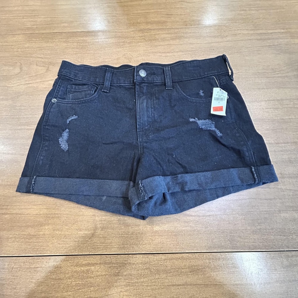 Old Navy Boyfriend Shorts Womens 2 Black Denim Distressed Cuffed Stretch